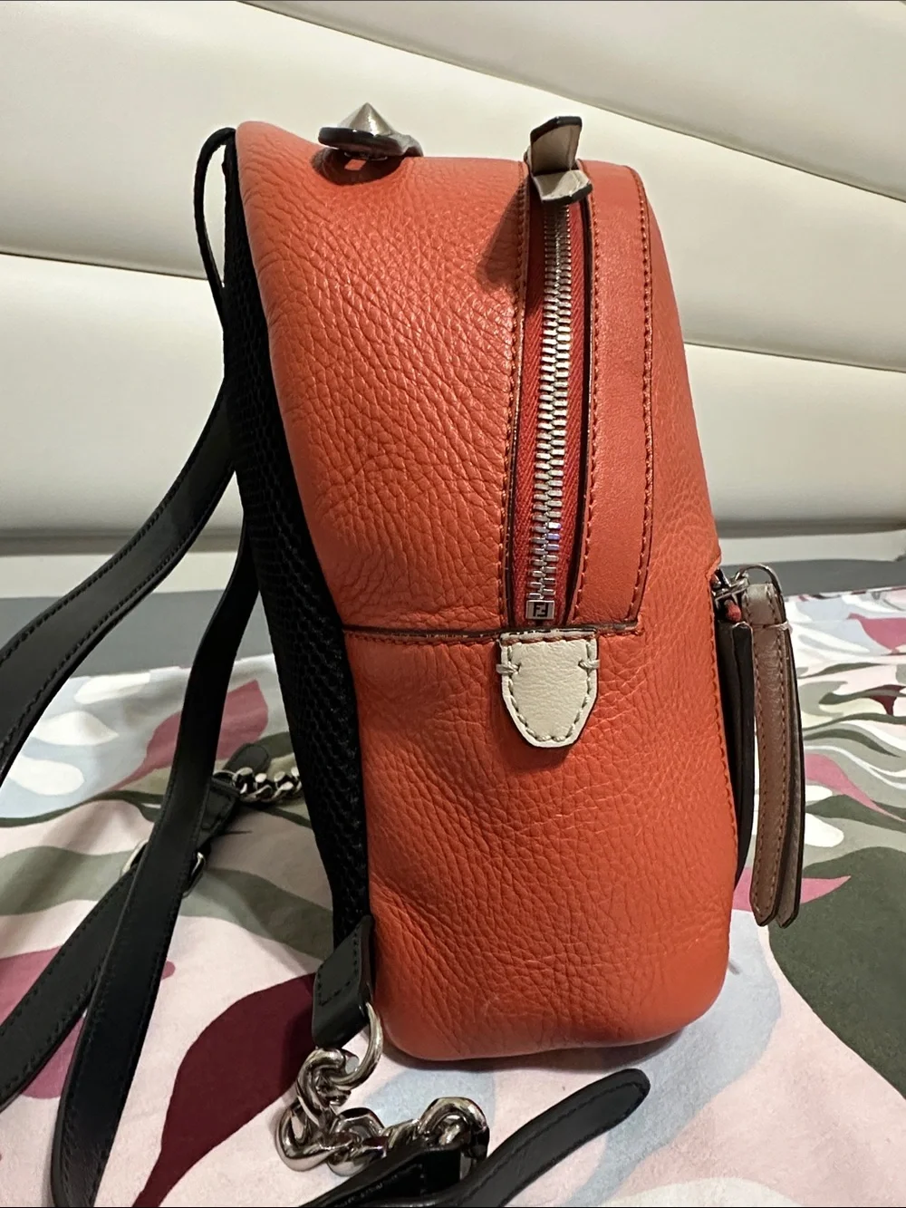 Fendi Orange Leather Mini Backpack with Contrast Beige Trim